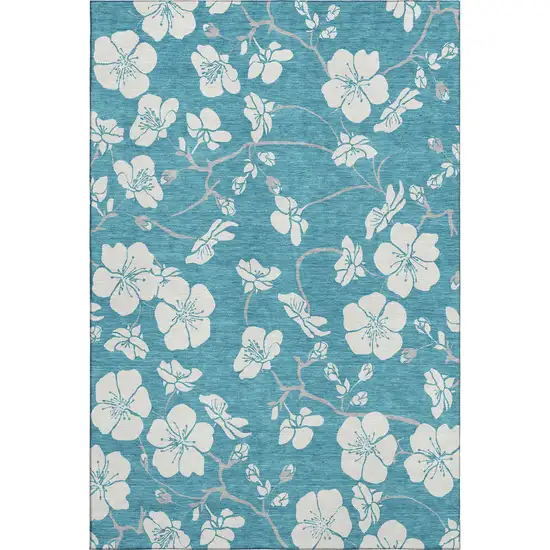 Turquoise And Ivory Floral Washable Area Rug With UV Protection Photo 1