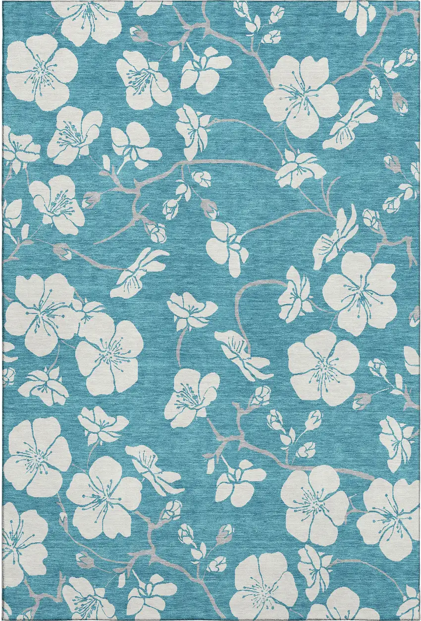 Turquoise And Ivory Floral Washable Area Rug With UV Protection Photo 1