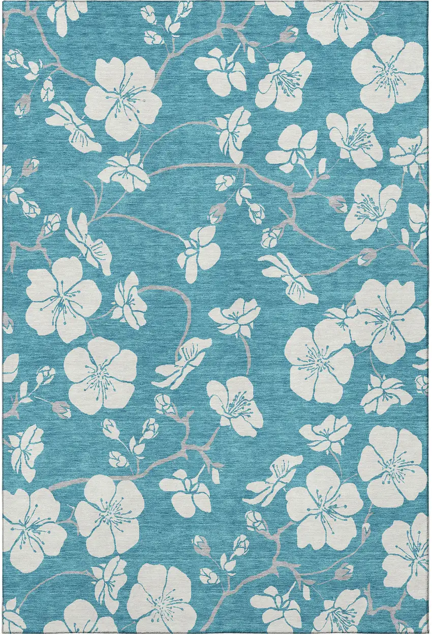 Turquoise And Ivory Floral Washable Area Rug With UV Protection Photo 3