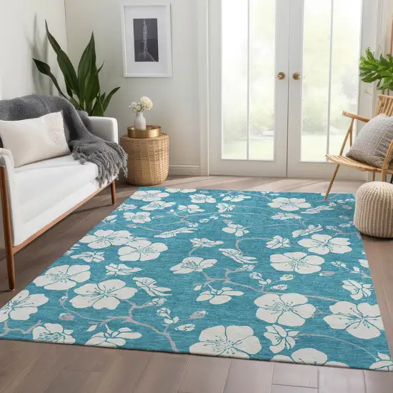 Turquoise And Ivory Floral Washable Area Rug With UV Protection Photo 5