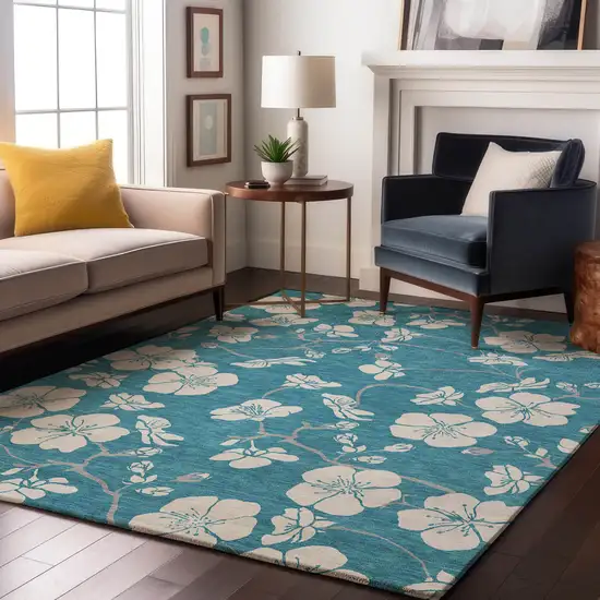 Turquoise And Ivory Floral Washable Area Rug With UV Protection Photo 4