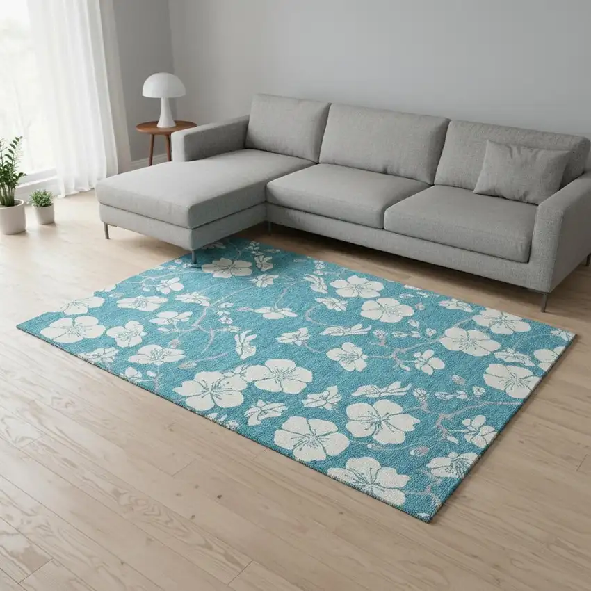 Turquoise And Ivory Floral Washable Area Rug With UV Protection Photo 2