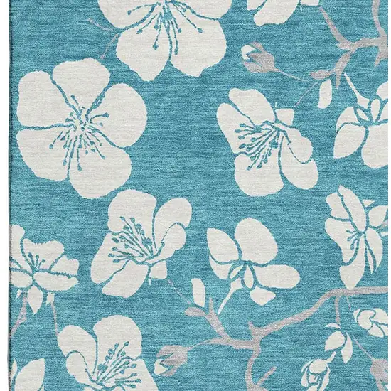 Turquoise And Ivory Floral Washable Area Rug With UV Protection Photo 3