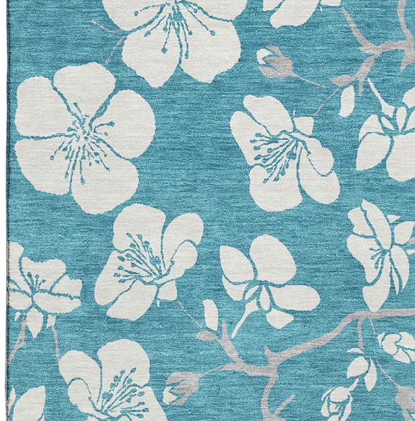 Turquoise And Ivory Floral Washable Area Rug With UV Protection Photo 3
