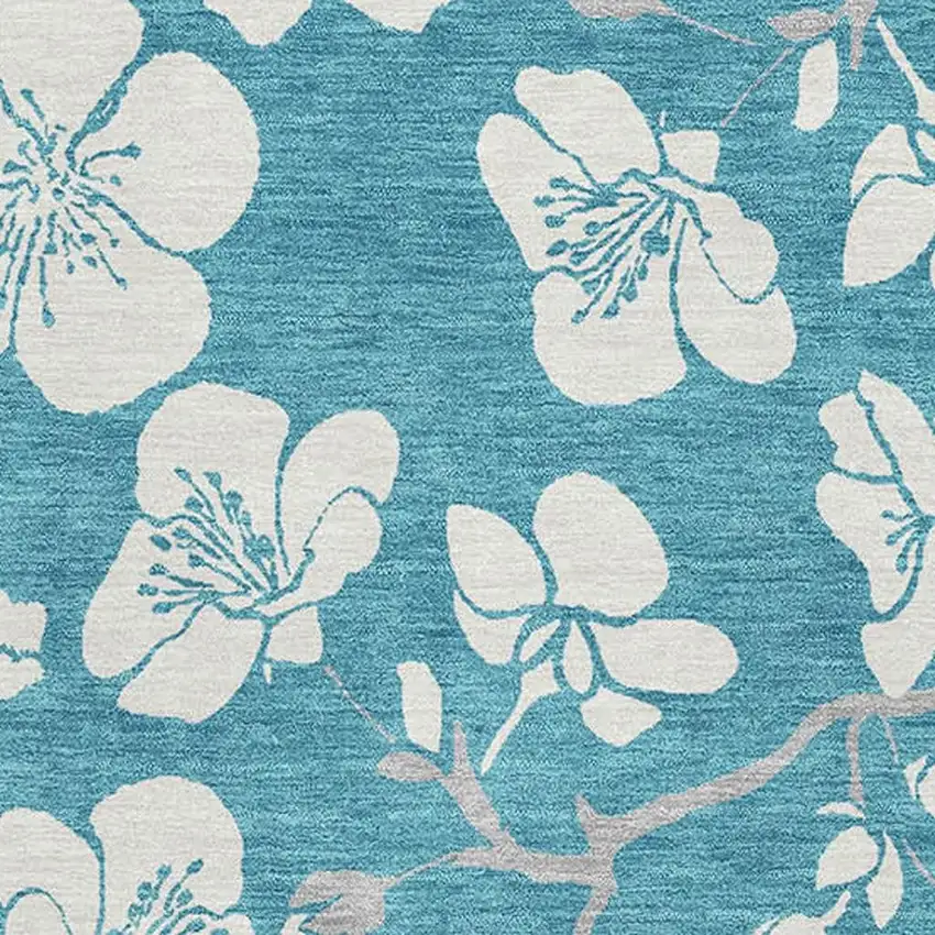 Turquoise And Ivory Floral Washable Area Rug With UV Protection Photo 2