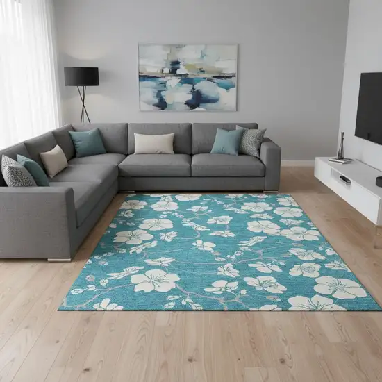 Turquoise And Ivory Floral Washable Area Rug With UV Protection Photo 2