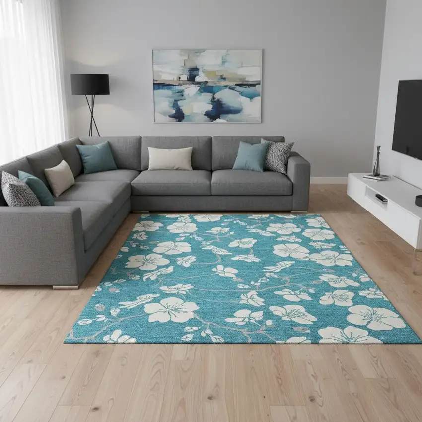 Turquoise And Ivory Floral Washable Area Rug With UV Protection Photo 2