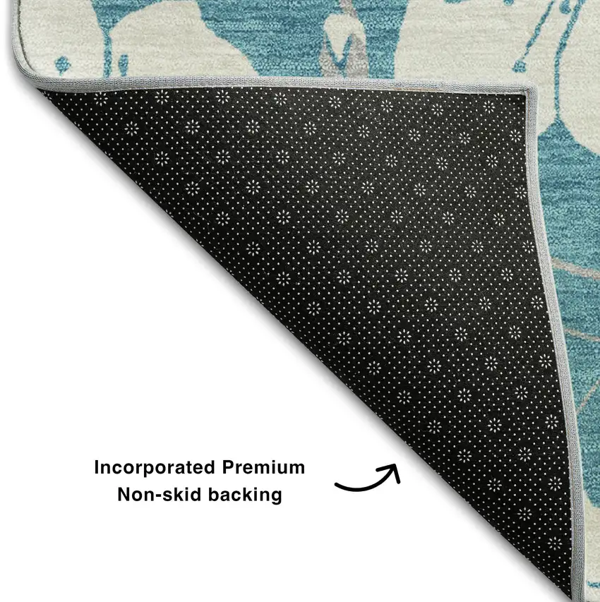 Turquoise And Ivory Floral Washable Area Rug With UV Protection Photo 6