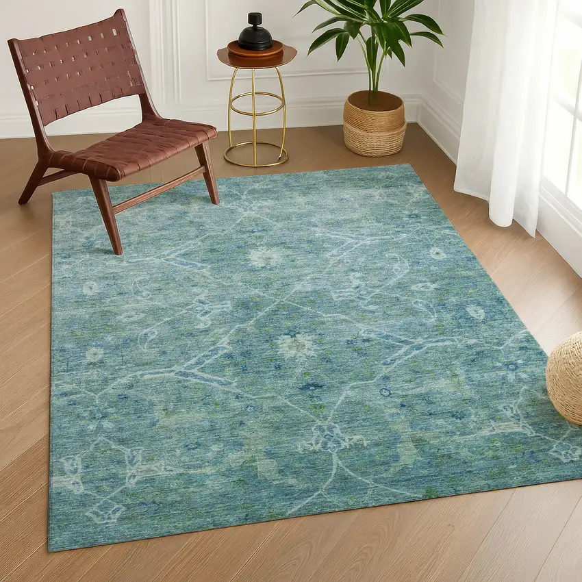 Turquoise And Ivory Floral Washable Indoor Outdoor Area Rug Photo 9