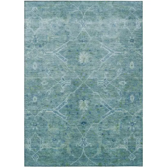 Turquoise And Ivory Floral Washable Indoor Outdoor Area Rug Photo 2