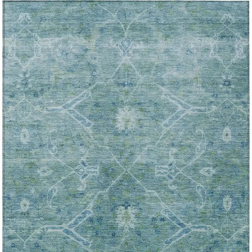 Turquoise And Ivory Floral Washable Indoor Outdoor Area Rug Photo 4