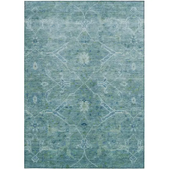 Turquoise And Ivory Floral Washable Indoor Outdoor Area Rug Photo 5