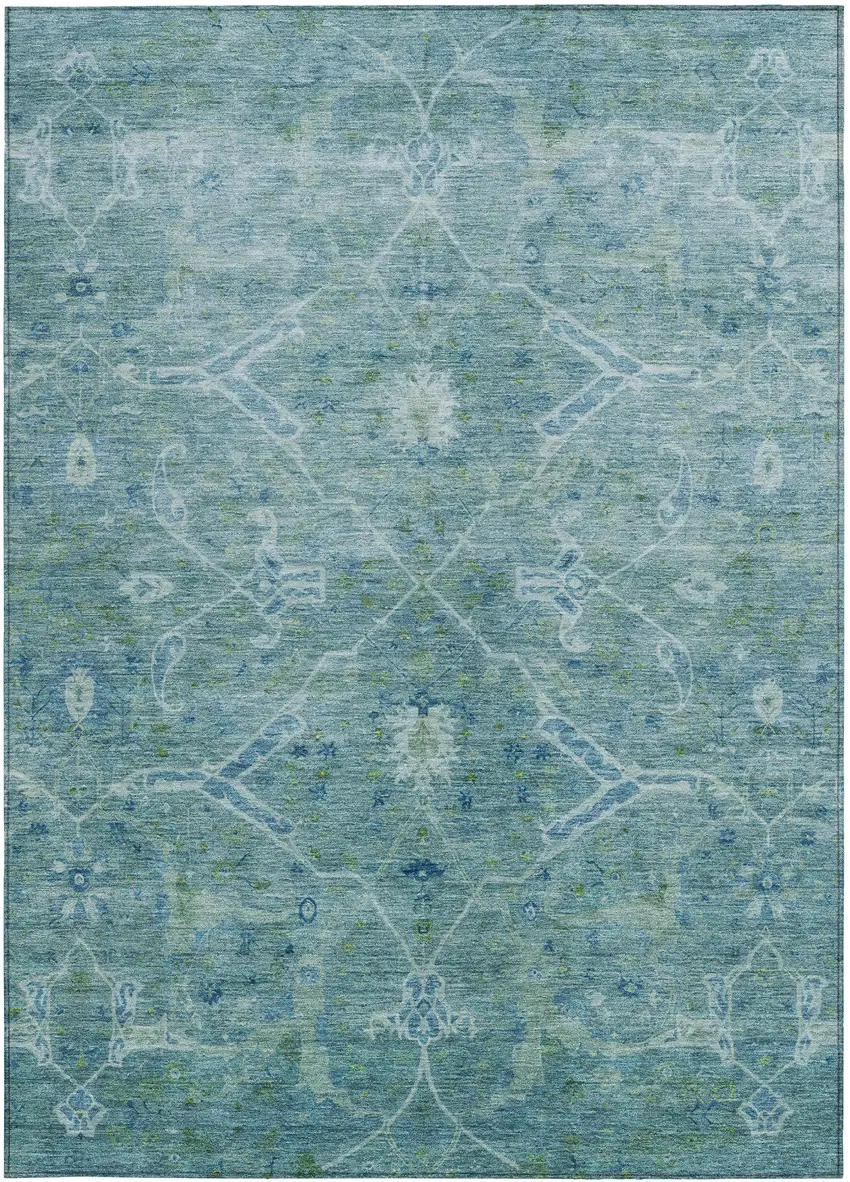 Turquoise And Ivory Floral Washable Indoor Outdoor Area Rug Photo 5
