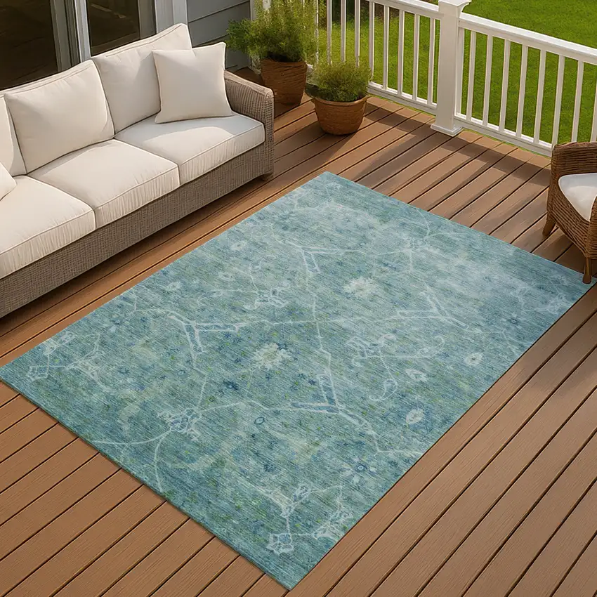 Turquoise And Ivory Floral Washable Indoor Outdoor Area Rug Photo 9