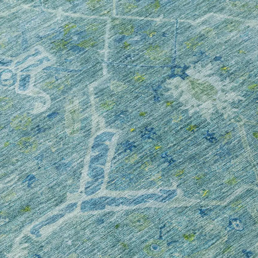 Turquoise And Ivory Floral Washable Indoor Outdoor Area Rug Photo 8