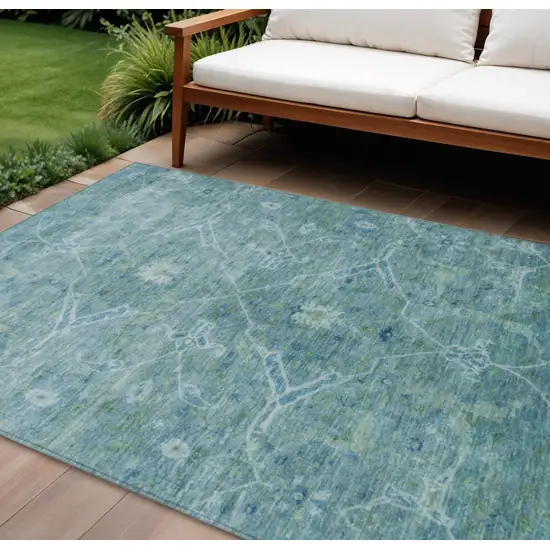 Turquoise And Ivory Floral Washable Indoor Outdoor Area Rug Photo 1