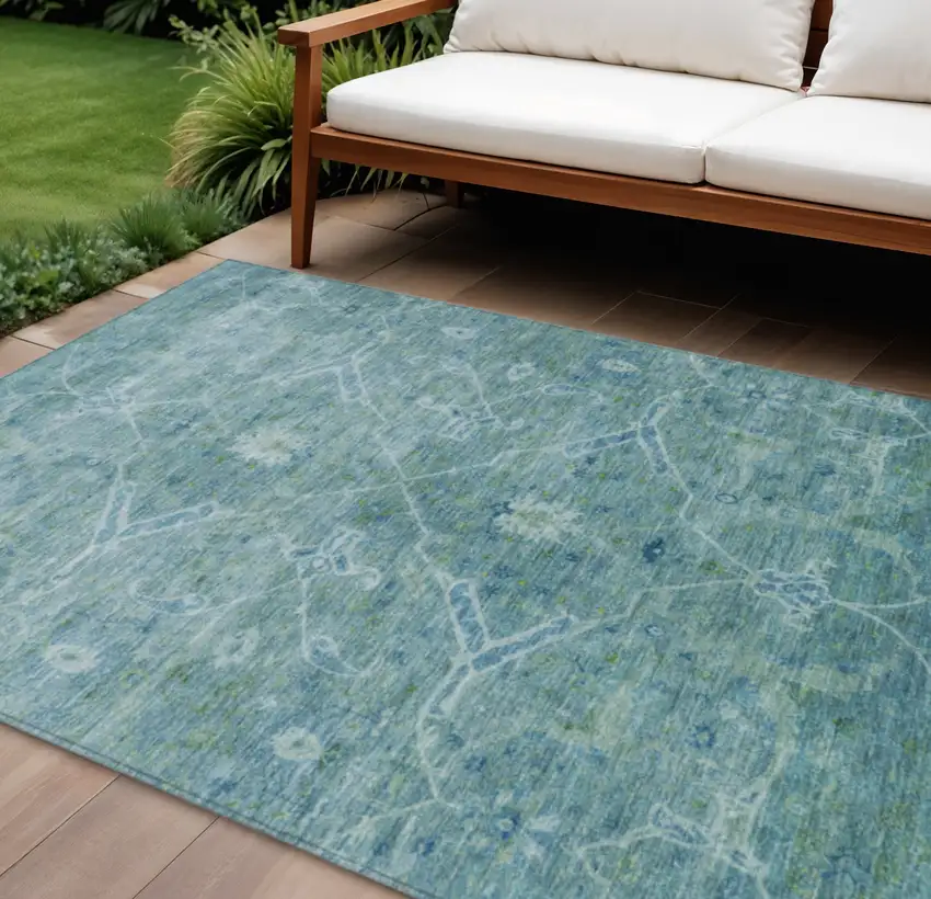 Turquoise And Ivory Floral Washable Indoor Outdoor Area Rug Photo 1