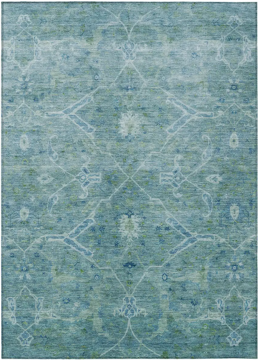 Turquoise And Ivory Floral Washable Indoor Outdoor Area Rug Photo 2