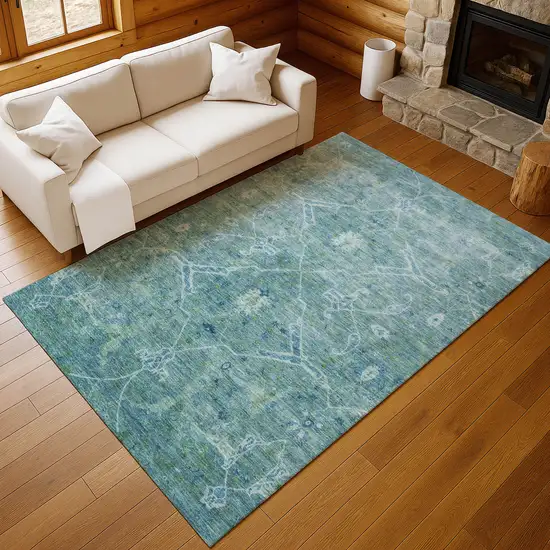 Turquoise And Ivory Floral Washable Indoor Outdoor Area Rug Photo 9