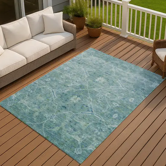 Turquoise And Ivory Floral Washable Indoor Outdoor Area Rug Photo 8
