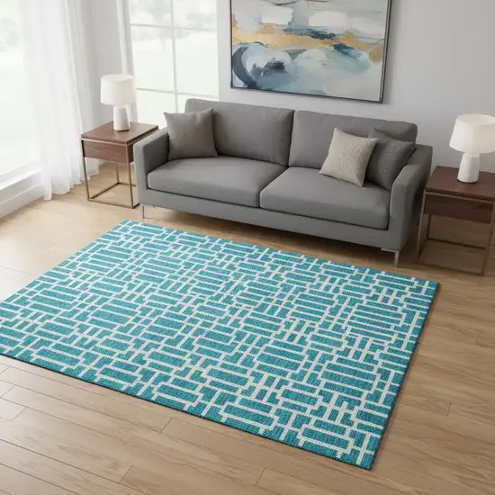 Turquoise And Ivory Geometric Washable Area Rug With UV Protection Photo 2