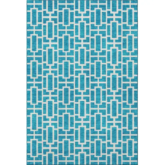 Turquoise And Ivory Geometric Washable Area Rug With UV Protection Photo 3