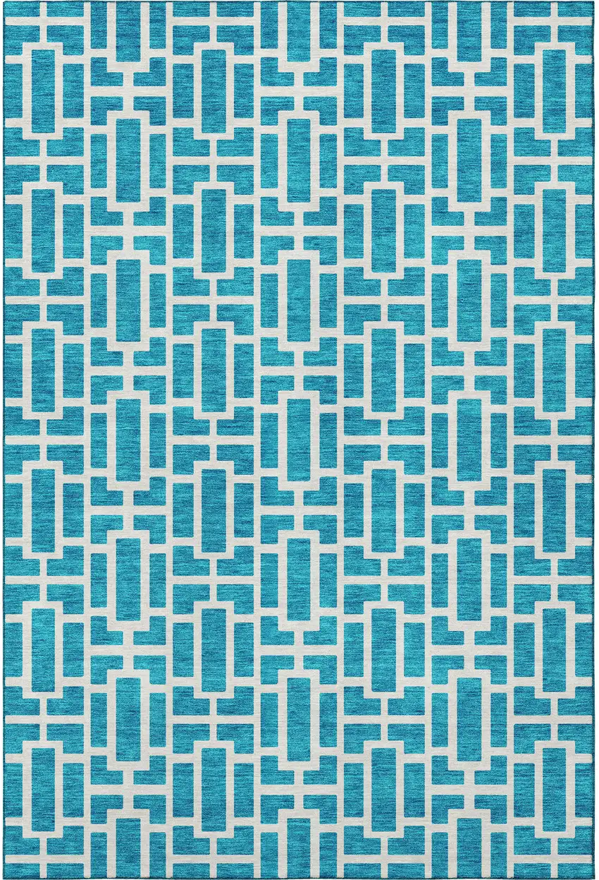 Turquoise And Ivory Geometric Washable Area Rug With UV Protection Photo 3