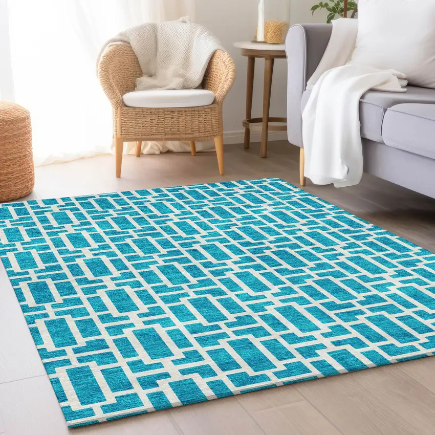 Turquoise And Ivory Geometric Washable Area Rug With UV Protection Photo 4