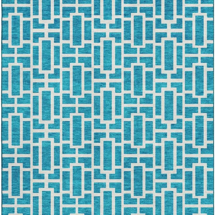 Turquoise And Ivory Geometric Washable Area Rug With UV Protection Photo 4