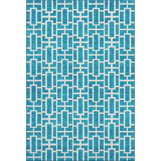 Turquoise And Ivory Geometric Washable Area Rug With UV Protection Photo 1