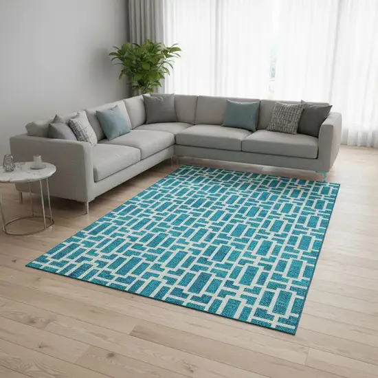 Turquoise And Ivory Geometric Washable Area Rug With UV Protection Photo 2