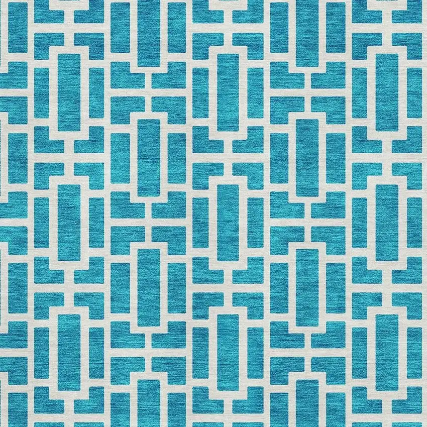 Turquoise And Ivory Geometric Washable Area Rug With UV Protection Photo 3