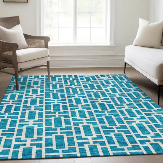 Turquoise And Ivory Geometric Washable Area Rug With UV Protection Photo 6