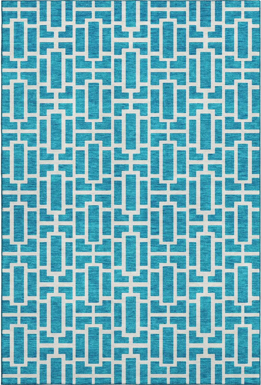 Turquoise And Ivory Geometric Washable Area Rug With UV Protection Photo 1
