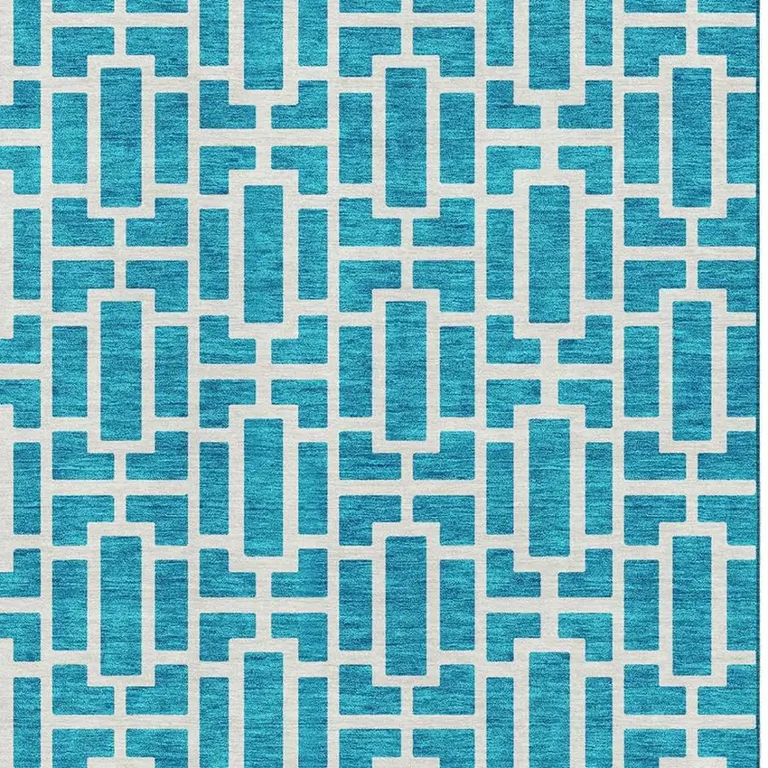 Turquoise And Ivory Geometric Washable Area Rug With UV Protection Photo 3
