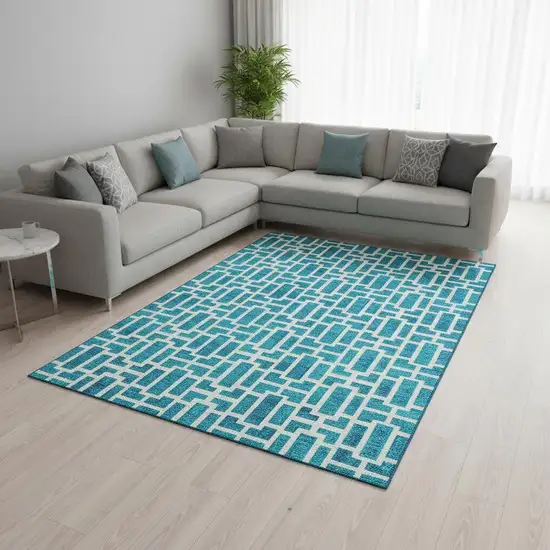 Turquoise And Ivory Geometric Washable Area Rug With UV Protection Photo 2