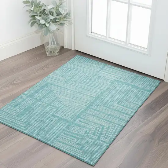 Turquoise And Ivory Geometric Washable Area Rug With UV Protection Photo 2