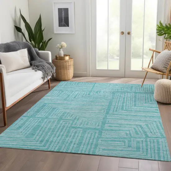 Turquoise And Ivory Geometric Washable Area Rug With UV Protection Photo 5
