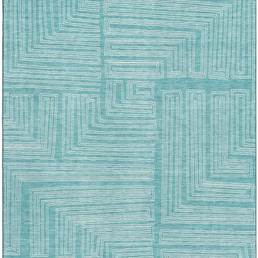 Turquoise And Ivory Geometric Washable Area Rug With UV Protection Photo 2