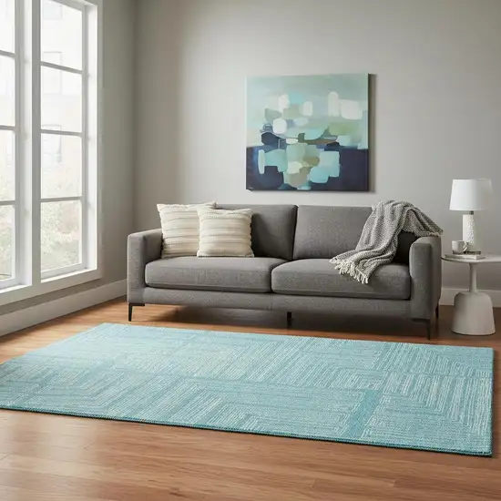 Turquoise And Ivory Geometric Washable Area Rug With UV Protection Photo 2