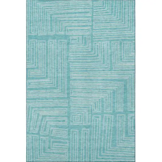 Turquoise And Ivory Geometric Washable Area Rug With UV Protection Photo 3
