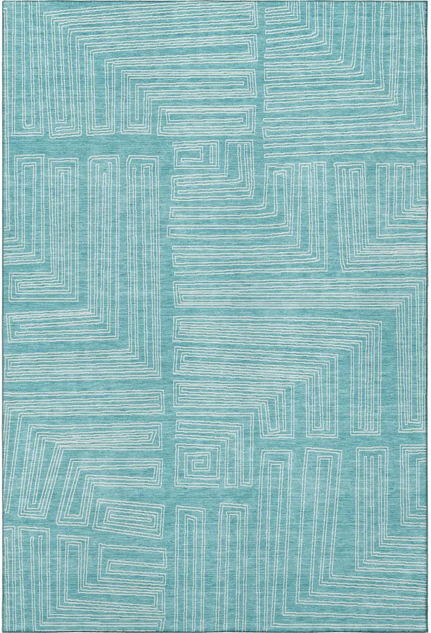 Turquoise And Ivory Geometric Washable Area Rug With UV Protection Photo 3