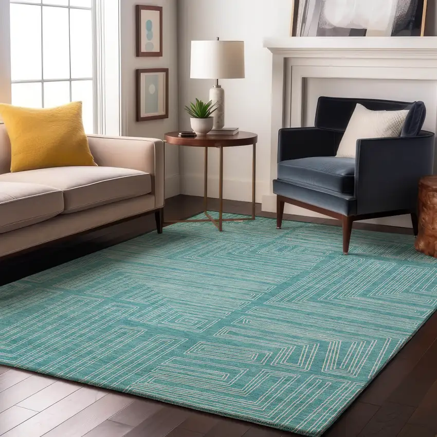 Turquoise And Ivory Geometric Washable Area Rug With UV Protection Photo 4