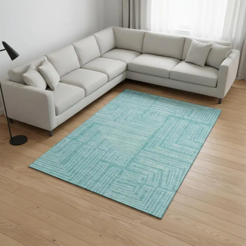 Turquoise And Ivory Geometric Washable Area Rug With UV Protection Photo 2