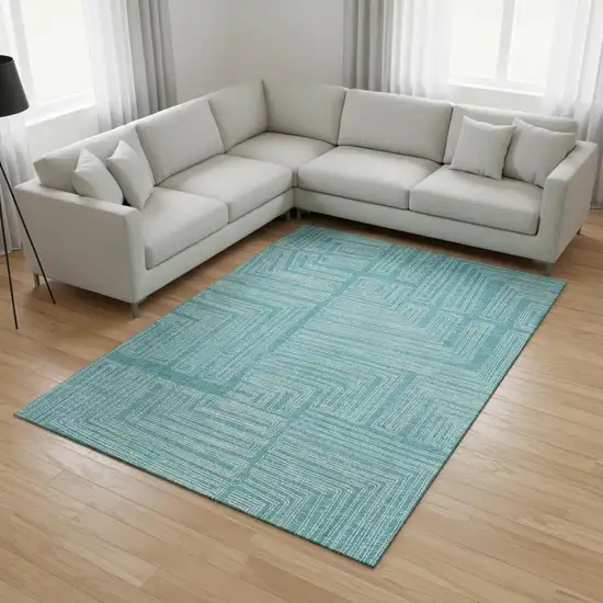 Turquoise And Ivory Geometric Washable Area Rug With UV Protection Photo 2