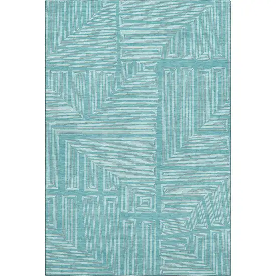 Turquoise And Ivory Geometric Washable Area Rug With UV Protection Photo 1
