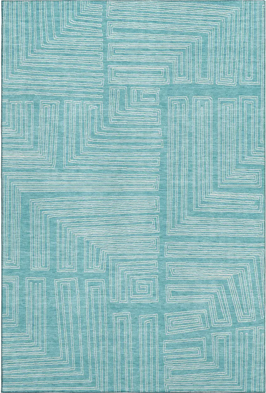 Turquoise And Ivory Geometric Washable Area Rug With UV Protection Photo 1