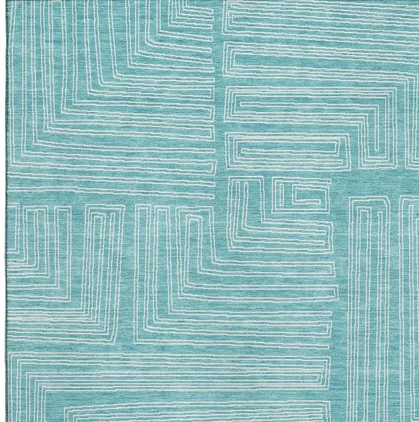 Turquoise And Ivory Geometric Washable Area Rug With UV Protection Photo 2