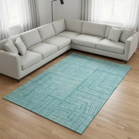 Turquoise And Ivory Geometric Washable Area Rug With UV Protection Photo 2