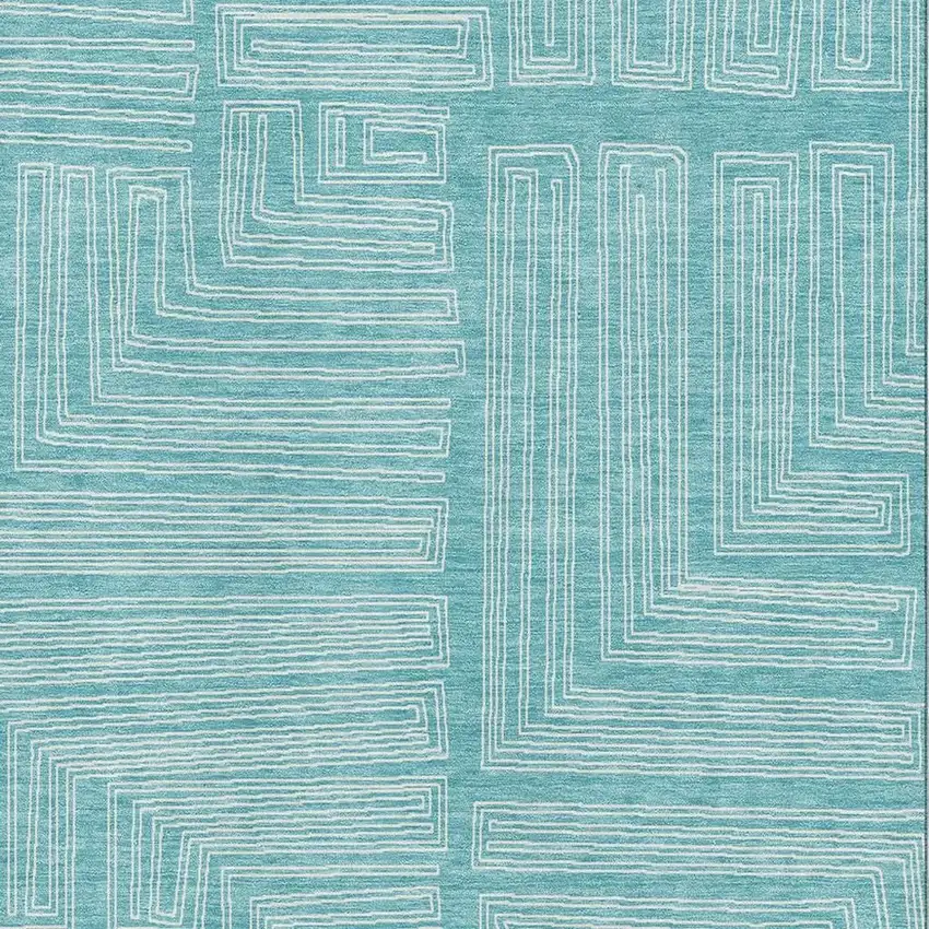Turquoise And Ivory Geometric Washable Area Rug With UV Protection Photo 2